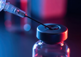 Close up of a syringe needle entering a medicine vial with blue and red lighting