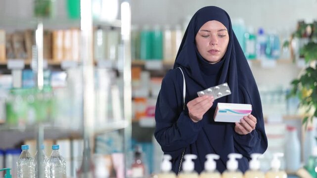 Uncertain young Muslim female client trying to choose medical preparation in chemist's shop
