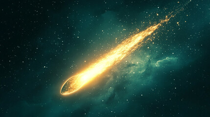 A transparent comet with a glowing tail suspended in space, radiating ethereal light and motion, blending cosmic elegance with futuristic translucence.

