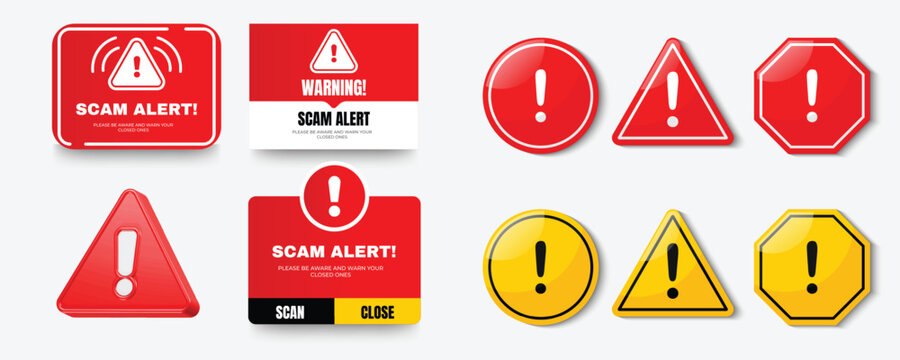 Scam Alert Warning Signs and Symbols Collection, A comprehensive collection of vector warning signs and symbols for "Scam Alert." This set includes various designs of red and yellow caution triangles