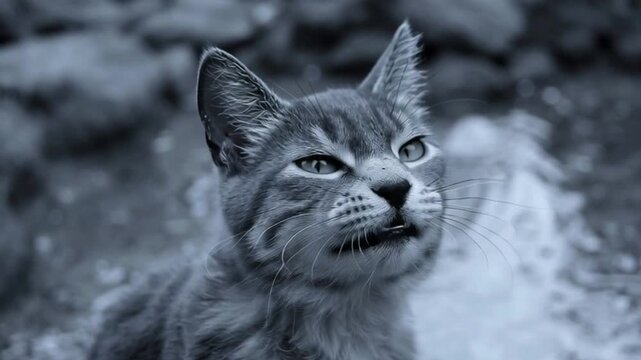 Close up yawning cat showing sharp teeth in dramatic slow motion, expressive feline moment captured in detailed animal portrait with soft shallow focus, emotional wildlife behavior black and white foo