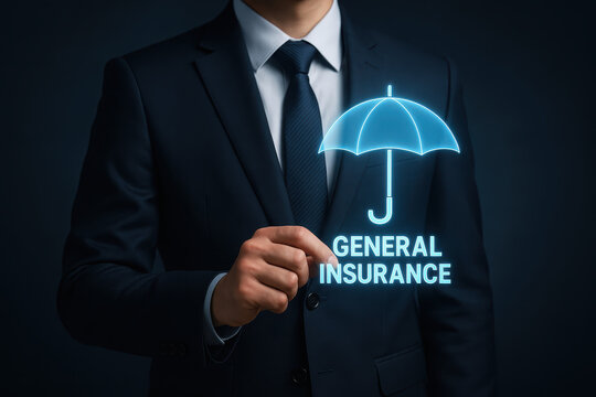 Professional in suit holds glowing umbrella symbolizing protection while promoting general insurance services. This captures essence of security in business