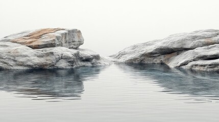 Two textured rock formations bookend a calm body of water under a muted, overcast sky