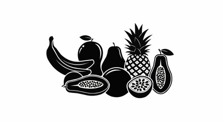 Assortment of tropical fruits in silhouette style on white background.