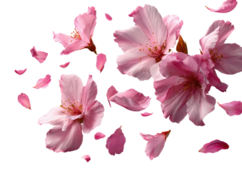 Delicate pink blossoms and scattered petals float against a stark black background, a floral display