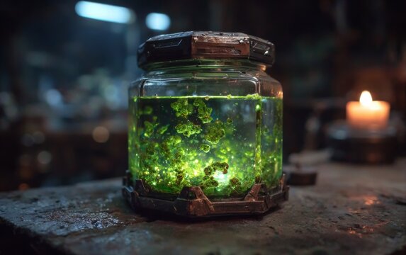 Sci-fi bioreactor with bubbling green liquid