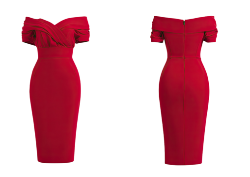 A front and back view of an elegant, red, off-the-shoulder sheath dress on a black background