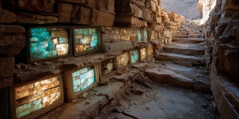Archaeological dig site with fossilized TV screens