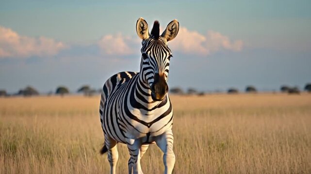 Close up shot of a zebra standing in a field of tall grass under a cloudy sky in the daytime zebra video