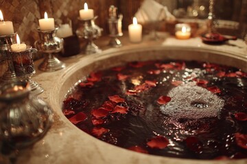 Red liquid bath with rose petals and candelabra