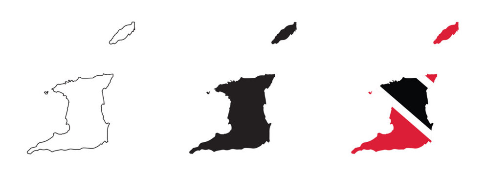 Trinidad and Tobago map vector with editable country outline, black silhouette and national flag showing red with diagonal white black stripes for geography, education, travel tourism and Caribbean