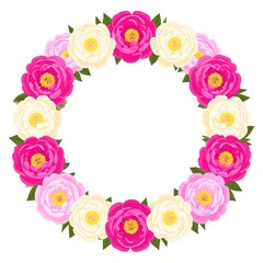 A vibrant, circular floral arrangement featuring alternating pink, white, and light pink peony blooms and green leaves. The center is transparent