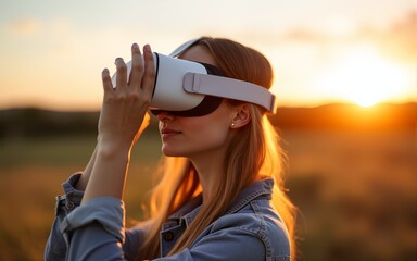 Young woman using a virtual reality headset. She is standing in a beautiful outdoor setting, with the sun rising or setting in the background. High quality