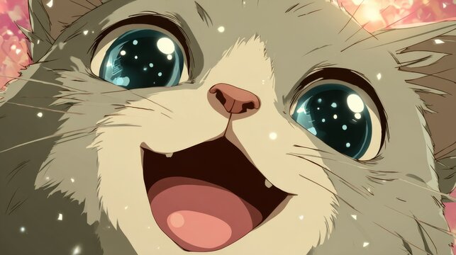 Chibi cat with sparkling eyes and wide smile