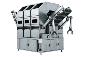 Industrial sorting machine with robotic arms and conveyor belts isolated on transparent background