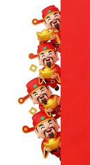 God of wealth holding gold ingot peeking from red wall