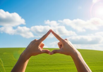 Hands form a house shape against a green field and blue sky