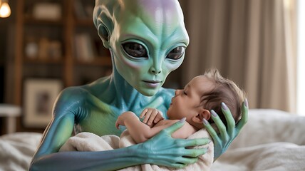 Alien Holding Baby with Tenderness in Surreal Heartwarming Scene Illustration