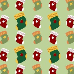 Cute seamless pattern featuring colorful Christmas stockings with festive decorations on a light green background. Playful and cozy Christmas theme pattern ideal for winter and holiday season projects