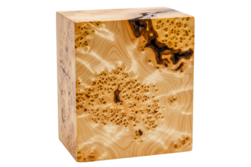 Burl wood cube showing intricate natural grain texture isolated on transparent background