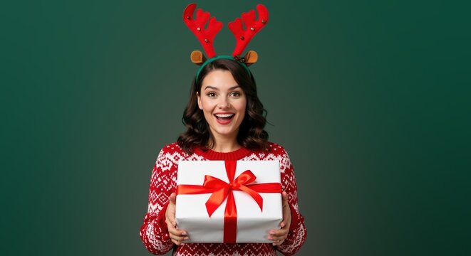 Happy young woman in reindeer antlers holding a Christmas gift. Excited girl in a festive sweater with a present on a green background. Holiday celebration with copy space