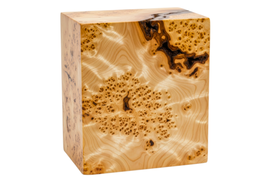 Burl wood cube showing intricate natural grain texture isolated on transparent background