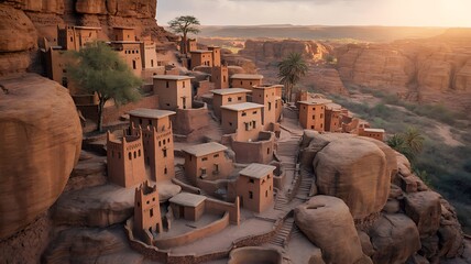 Ancient desert village carved into red rock with winding stairways photo