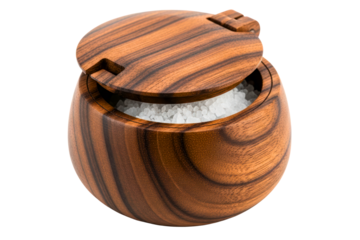Round wooden salt cellar with a swivel lid and coarse sea salt isolated on transparent background