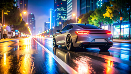 Silver sports car driving on wet city street at night