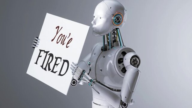 4k footage humanoid robot holding sign youre fired, artificial intelligence automation replacing human jobs concept, ai job loss unemployment crisis, futuristic machine with signboard message technolo