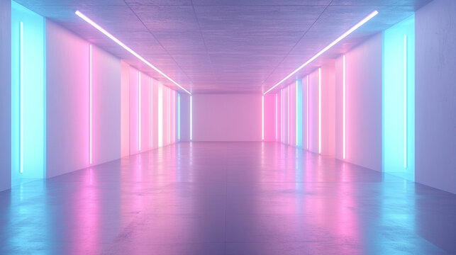 Pastel neon tunnel with soft gradient fade, blending light pink, lavender, and aqua tones for a dreamy futuristic ambiance.
