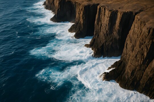 Aerial View of Ocean Waves Crashing Against Rocky Cliffs