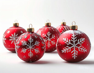 Set of red Christmas balls with snowflake and stripe designs, realistic 3D render