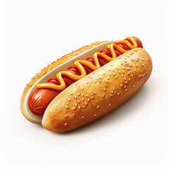 Hot dog with mustard and ketchup on sesame bun, tasty fast food