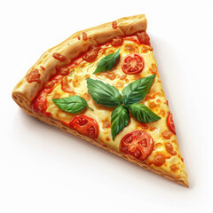 Slice of pizza with tomato and basil leaves on melted cheese