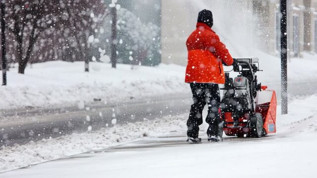 Winter worker clearing snow with snowblower on city sidewalk. Heavy snowfall street maintenance, municipal snow removal service, cold weather urban infrastructure, seasonal safety operations, professi