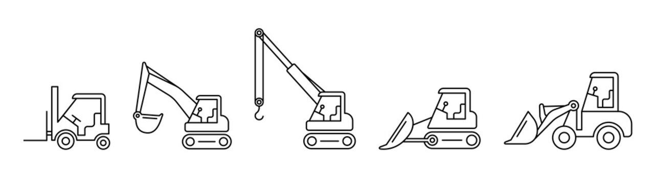 Construction machinery icons. Excavator, bulldozer, crane, forklift, wheel loader.