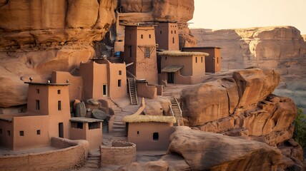 Ancient Dogon village built into rocky cliffs with traditional structures photo
