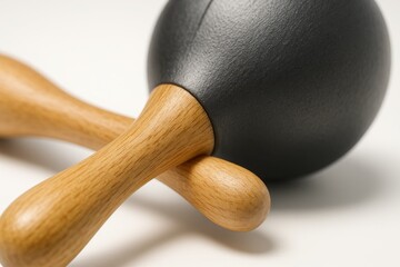 Pair of maracas macro diagonal focusing the junction between handle and shell with fine wood pores and subtle varnish highlights