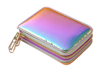 Iridescent rectangular case with zippered closure and metallic hardware, isolated on black