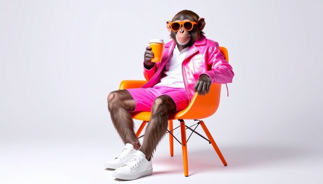 Funky monkey sitting casually on an orange modern chair with minimalist background