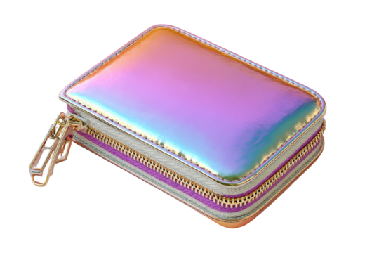 Iridescent rectangular case with zippered closure and metallic hardware, isolated on black