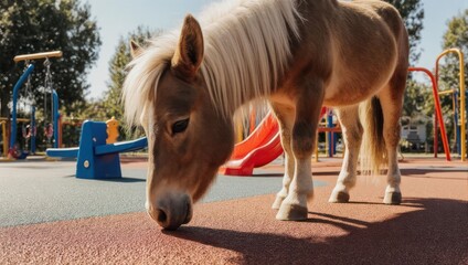 Pony grazing on playground surface with colorful equipment in background.
