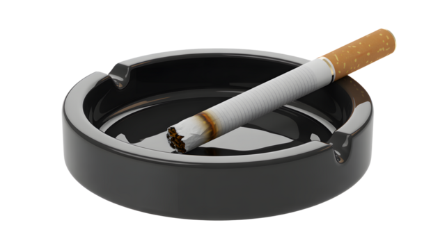 Burning cigarette rests in shiny ashtray, perfect for illustrating addiction, cessation, or public health campaigns about smoking risks and lung disease