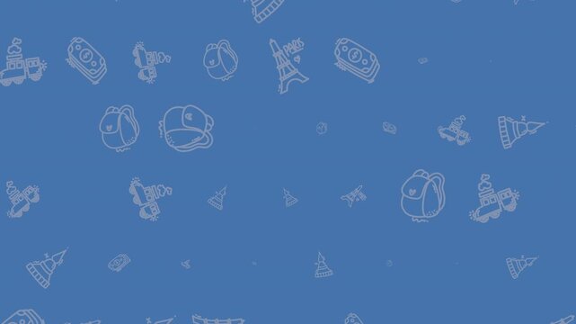 Blue background with faint white travel icons.