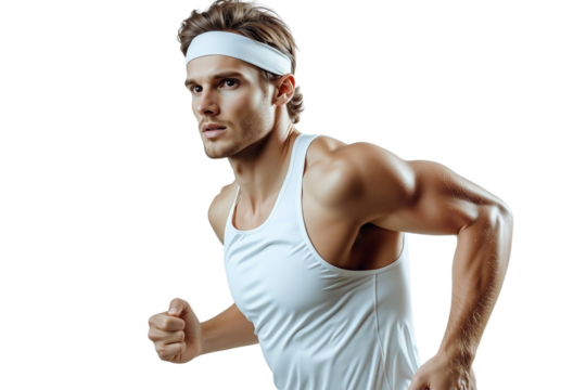 Young fit athlete in a white headband and tank top, captured mid-run, isolated on transparent background