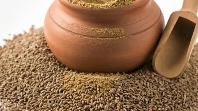 A clay pot filled with ground cumin sits atop a mound of cumin seeds