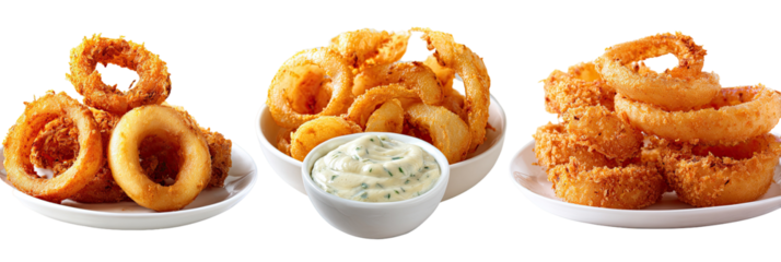 Three plates showcasing crispy onion rings with a dipping sauce; offering a delicious appetizer visual