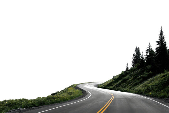 Winding Road Through Green Hillside with Silhouetted Pine Trees Against Black Sky asphalt curve, Isolated On White Background, Png Transparent - Powered by Adobe