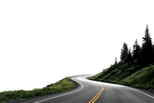Winding Road Through Green Hillside with Silhouetted Pine Trees Against Black Sky asphalt curve, Isolated On White Background, Png Transparent